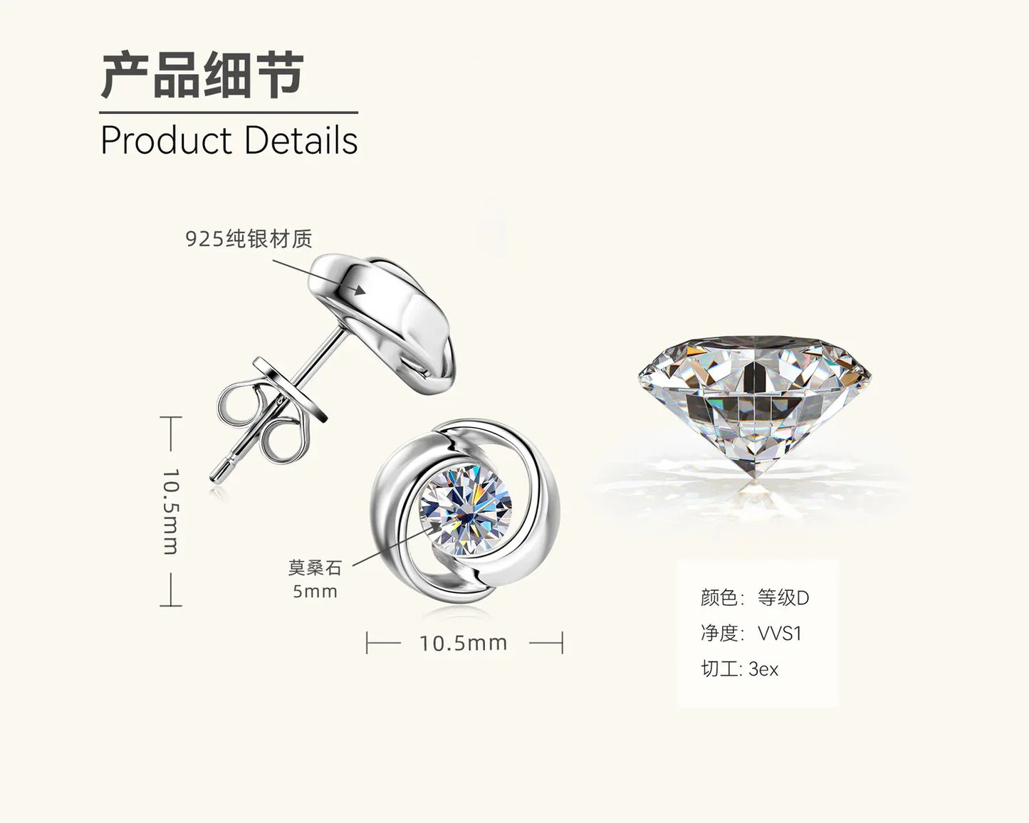 Silver moissanite earring product details diagram with 925 setting and measurements