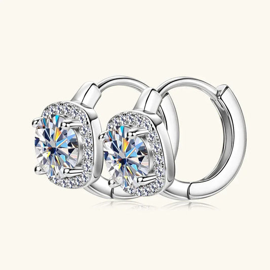 White-gold moissanite halo huggie hoop earrings with round center stone and clear pavé ring