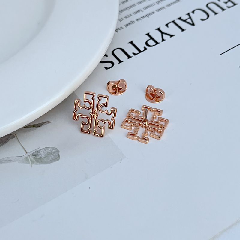 Rose gold-tone logo stud earrings with clasp backs, hollow interlocking design