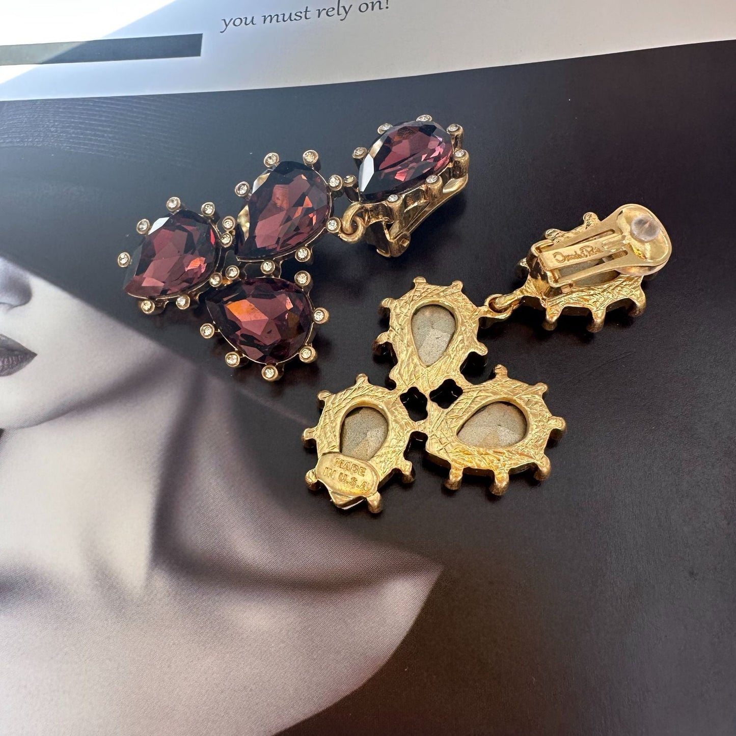 Cactus-cut glass ear clips with burgundy stones and gold-tone clip backs
