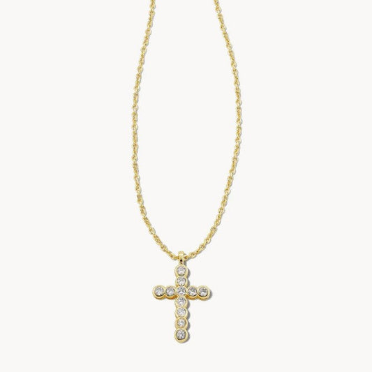 Gold cross pendant necklace with round diamond accents and link chain