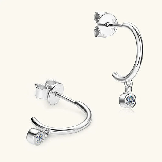 Silver drop earrings with curved bar and round moissanite stones, hinged stud backs