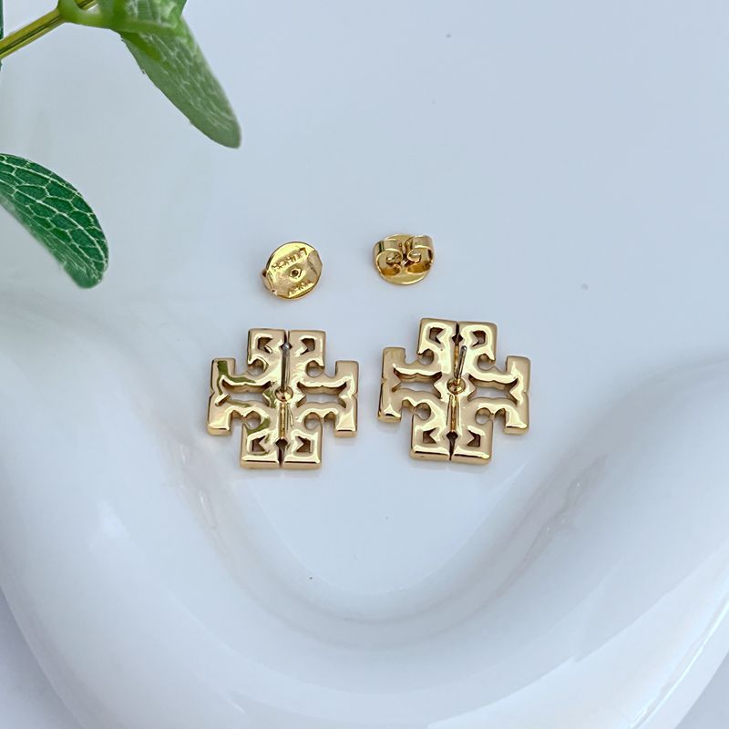 Gold-tone T-logo stud earrings, diamond cross front with visible butterfly backs