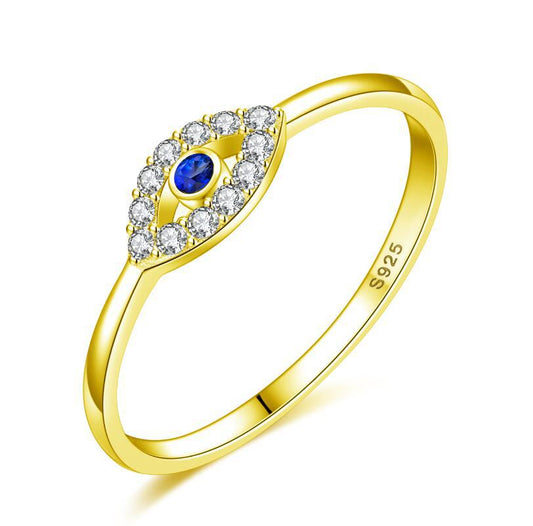 Gold fashion ring with blue eye CZ and clear halo stones, slim band with 925 stamp