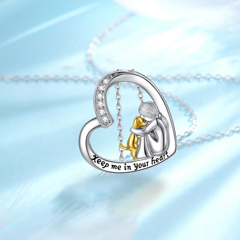 Silver heart pendant necklace with dangling chain, mother-and-child figure, “Keep me in your heart”