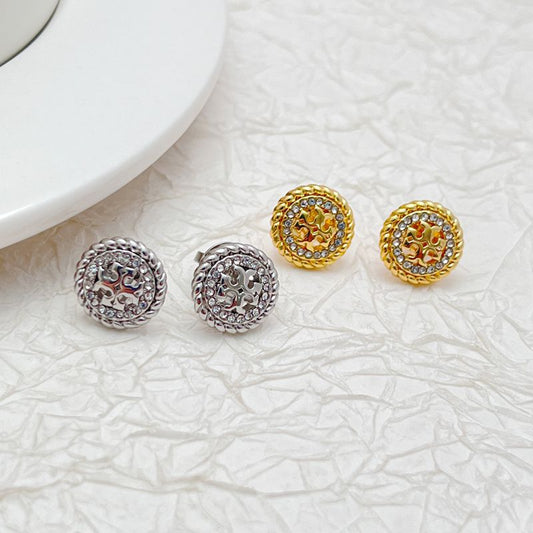 Gold and silver openwork rhinestone stud earrings, round bezel with crystal halo pattern