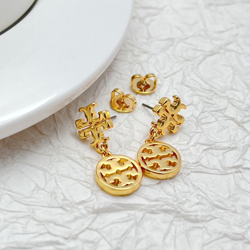 Gold-plated openwork logo pendant earrings with round medallion discs and stud backs