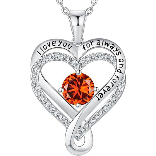Silver heart pendant necklace with orange round gemstone and pave heart halo
