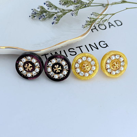 Round stud earrings assorted: gold-tone and black settings with pearls and crystals