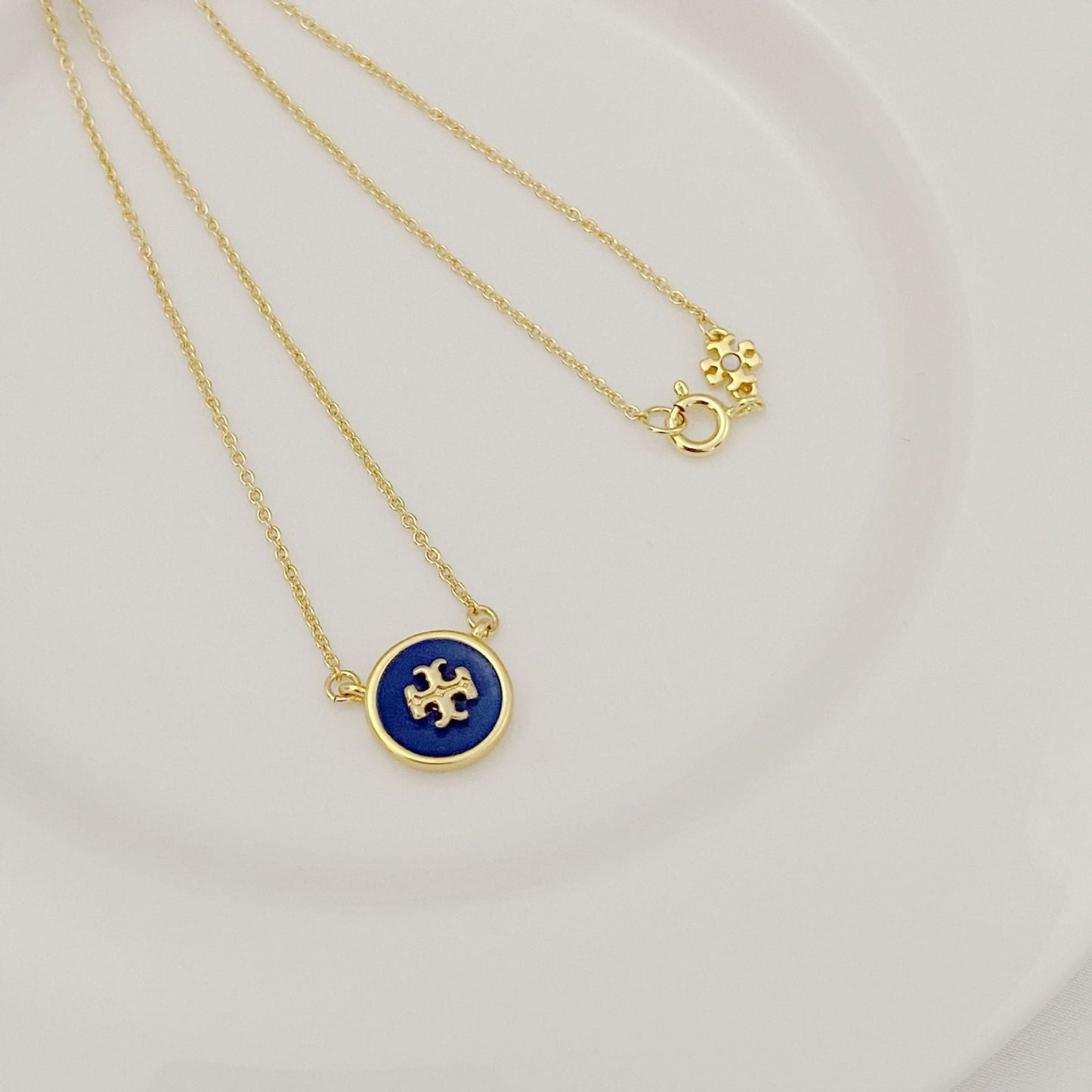Tory Burch Logo Enamel Round Pendant Necklace