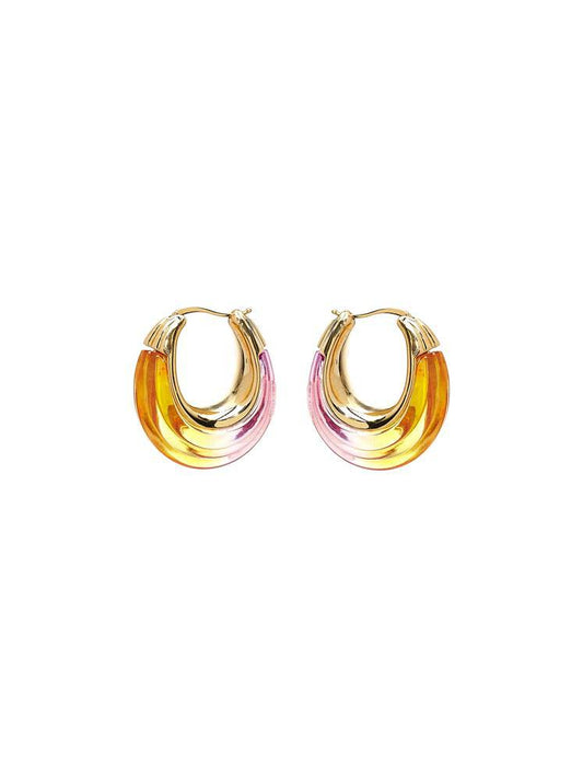 Ombré U-shaped hoop earrings, gold-tone edges; yellow-orange to pink resin gradient