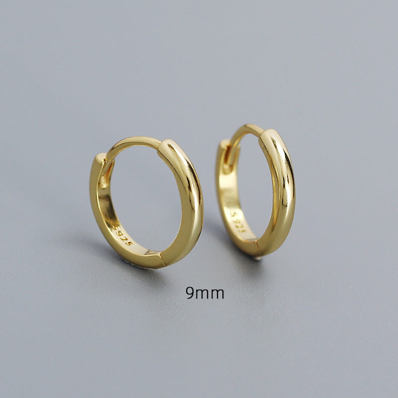Minimalist smooth stackable hoop earrings, 9mm, S925 gold tone