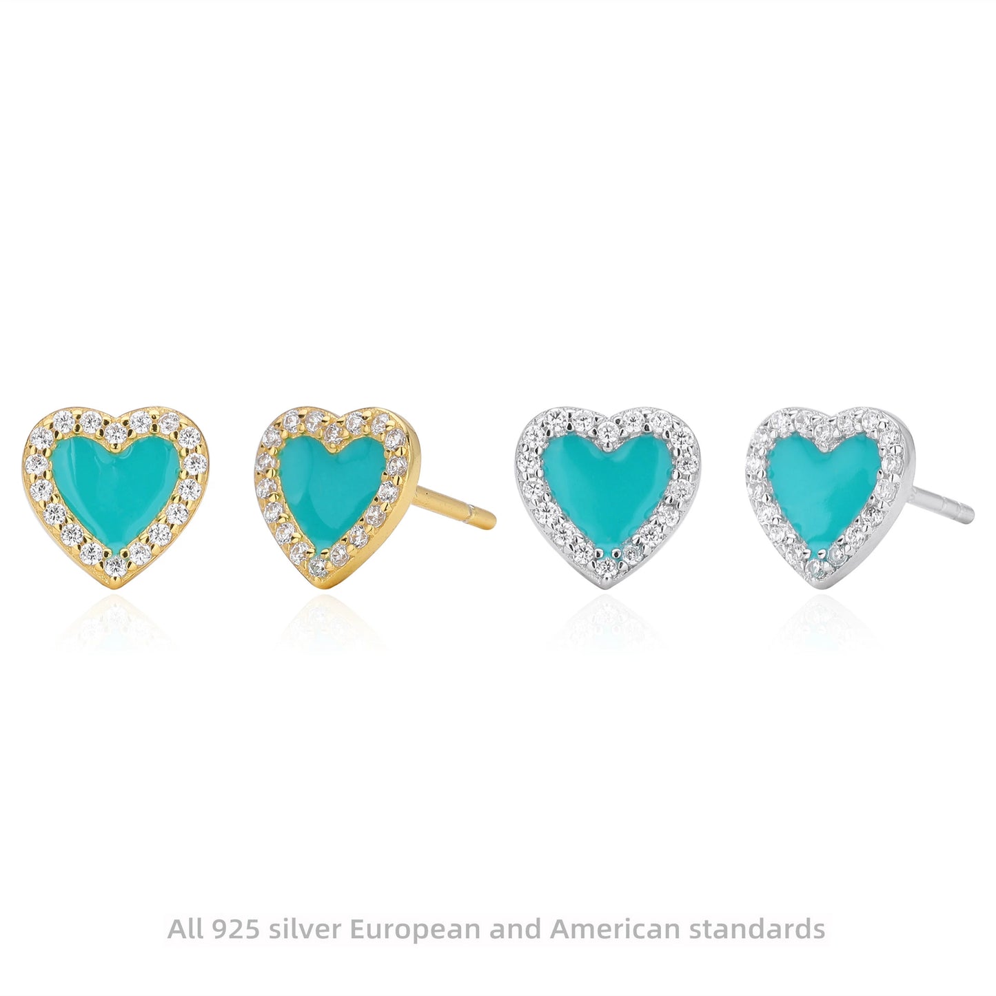 Assorted heart stud earrings in gold and silver tones with turquoise centers and clear stones.
