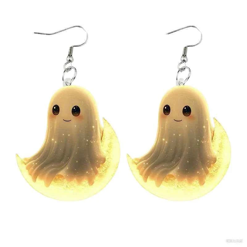S925 Sterling Silver Halloween Earrings with Ghost, Pumpkin, Skeleton Acrylic Pendants
