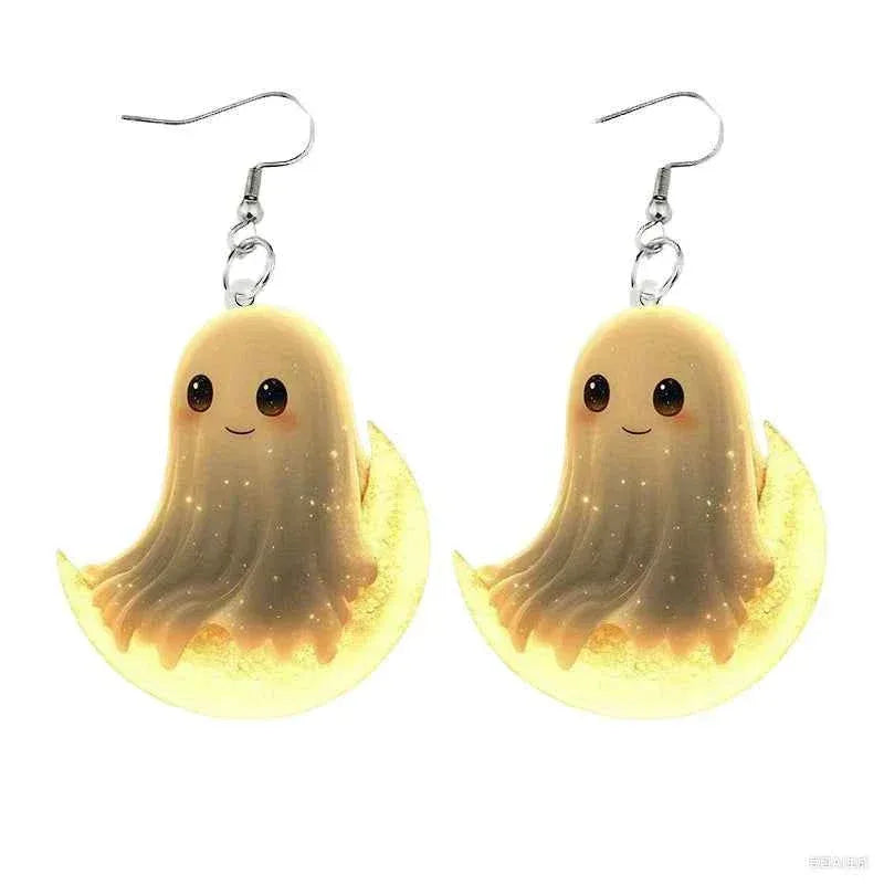 S925 Sterling Silver Halloween Earrings with Ghost, Pumpkin, Skeleton Acrylic Pendants - JIMMY JEWELRY 01