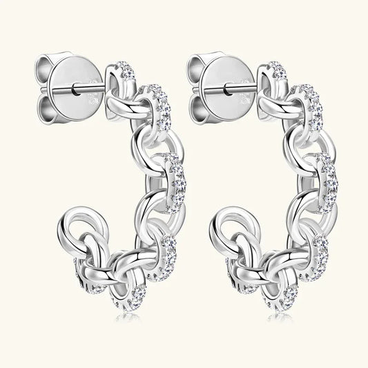 White gold C-shaped hoop earrings with pavé moissanite stones and round post back