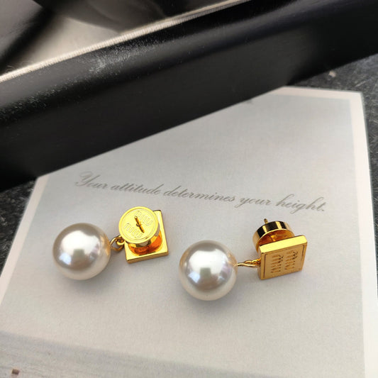 Gold square charm earrings with white pearl drops