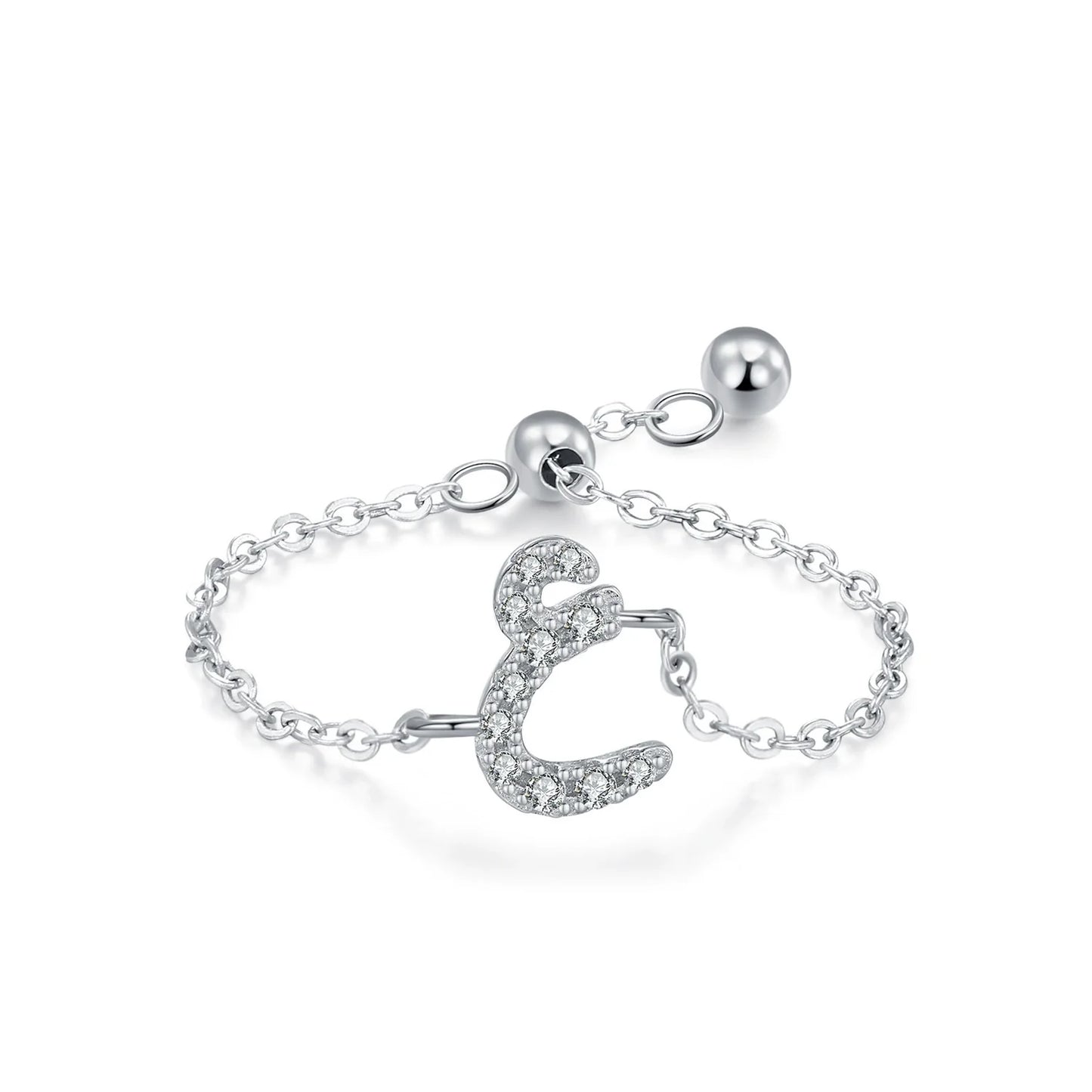 Adjustable silver pavé Arabic letter ring with CZ stones, oval chain clasp and letter