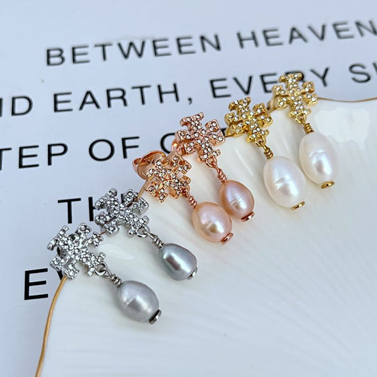 Rhinestone cross earrings with dangling pearl drops in mixed metal tones