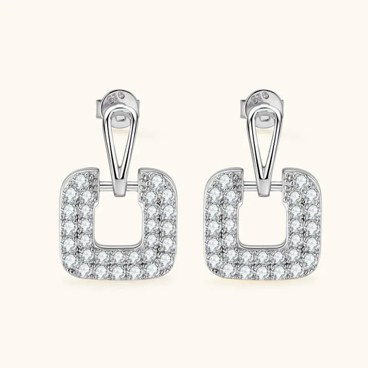 White gold-tone square outline drop earrings with clear stone rows and hinged top loops