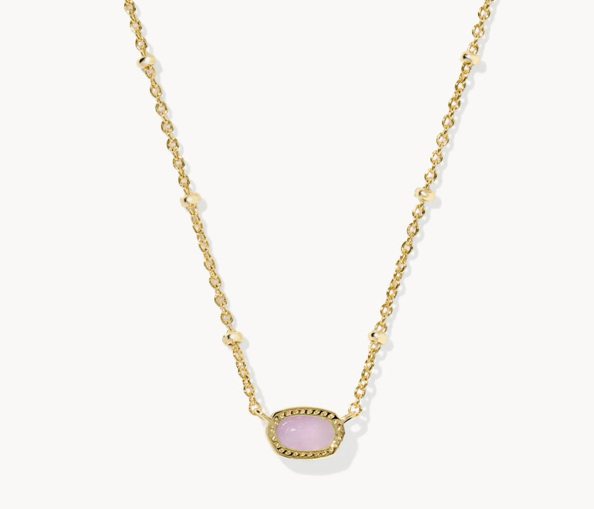 Gold-tone necklace with teardrop-oval pink gemstone bezel pendant on chain
