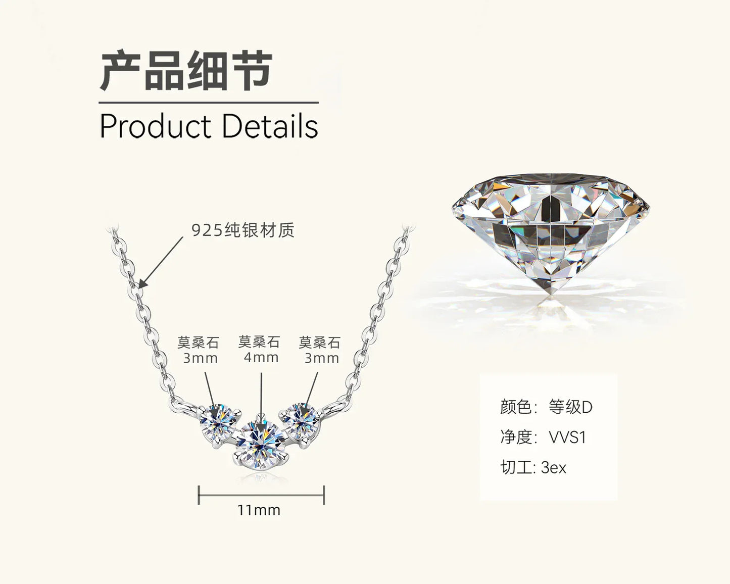 Three Stone Moissanite Necklace - JIMMY JEWELRY 01