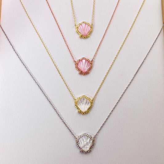 Multi-color pendant necklace set with scallop bezels and mother-of-pearl shell drops