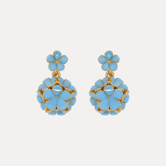 Sky blue enamel hydrangea drop earrings with gold-tone details