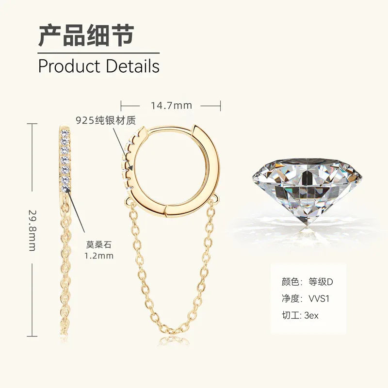 Gold huggie hoop earrings with pavé stones and dangling chain, product diagram