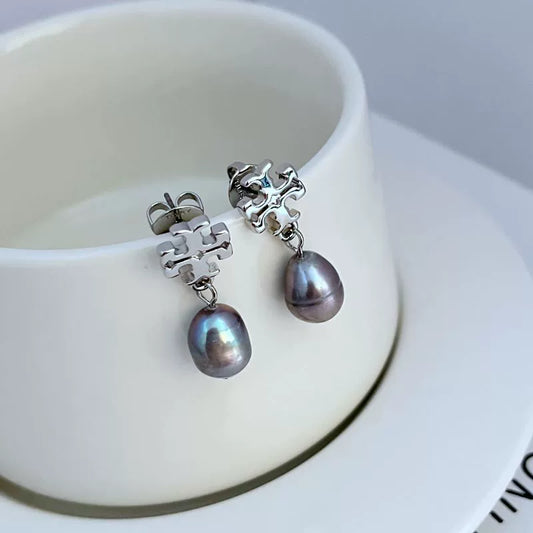 Silver-tone stud earrings with dangling dark gray pearl drops and ornate square settings