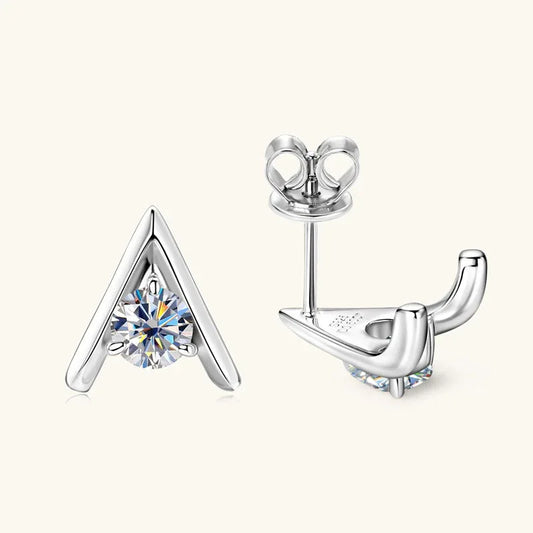 White gold V-shaped stud earrings with a round moissanite center stone