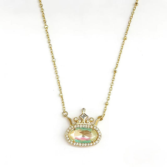 Gold-plated princess crown necklace with multicolor oval gemstone and diamond-style halo