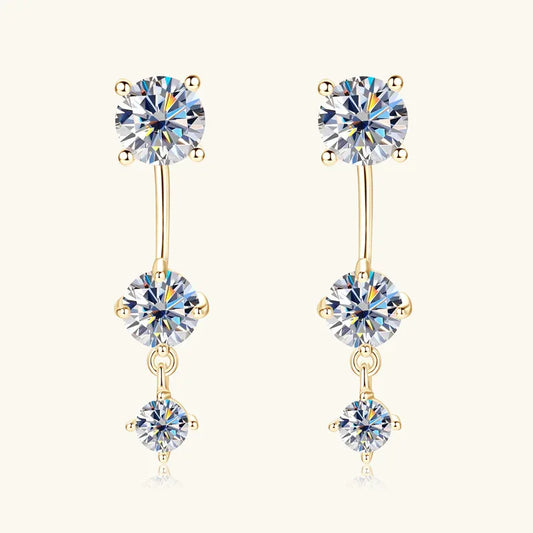 Gold-tone S925 moissanite pendant hoop earrings, three round sparkling stones in drops