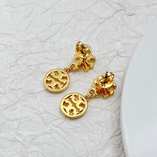 Gold-plated openwork logo pendant earrings with round medallion charms and chain