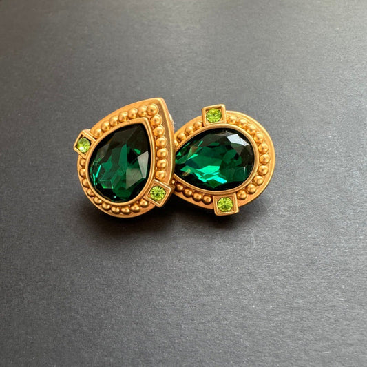 Clip-on crystal heart earrings, gold-tone frames with emerald green center stones