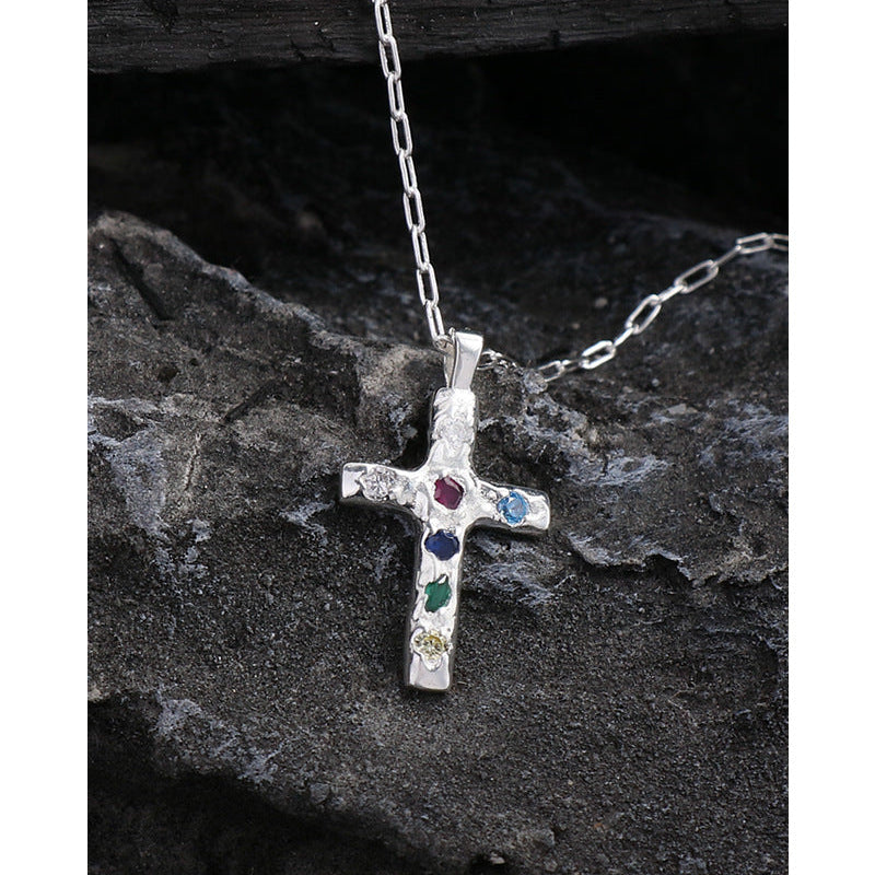 S925 Sterling Silver colorful diamond cross necklace