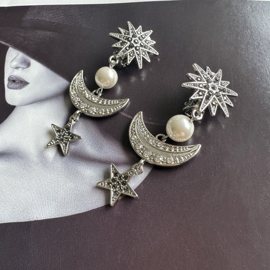 Silver-tone star and moon drop earrings with pearl beads and crystal pavé