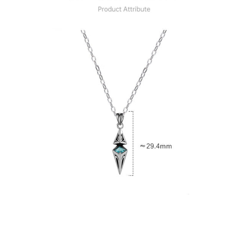 Pendant necklace diagram: silver sword with blue gem, approx. 29.4mm