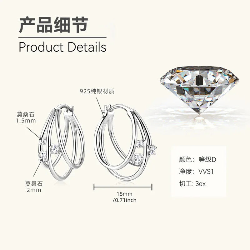 Silver layered hoop earrings with small round moissanite stones on S925 posts