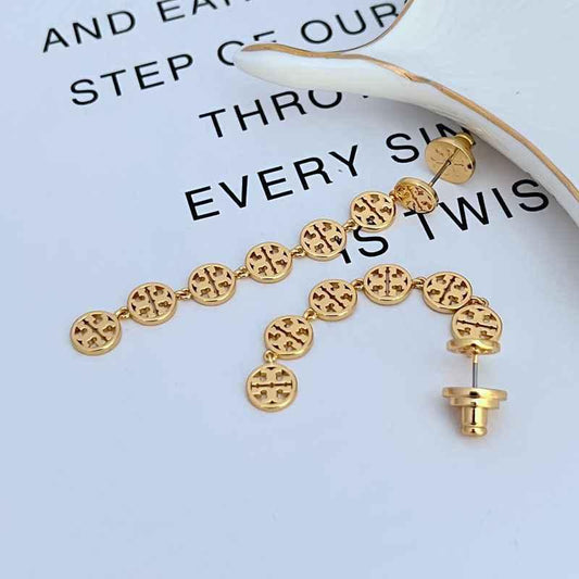 Gold-tone logo drop earrings showing earring post and linked round patterned discs