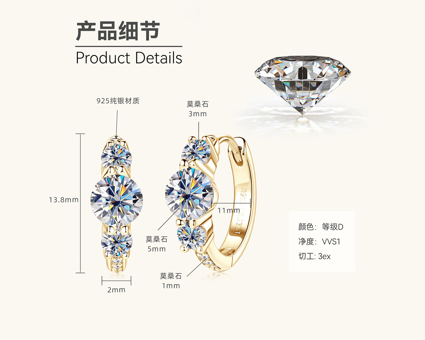 Three-Stone Moissanite Hoop Earrings