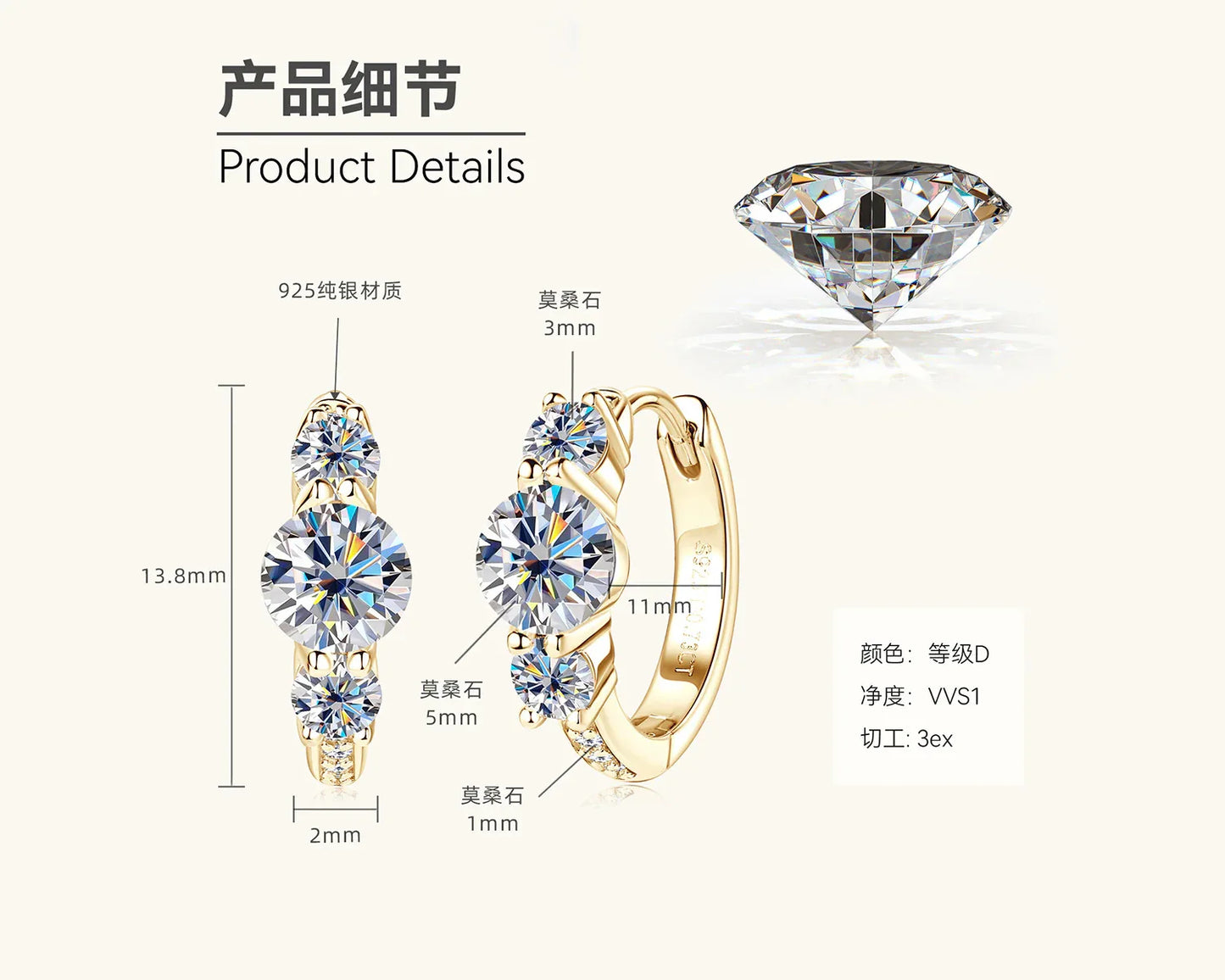 Gold three-stone hoop earrings with round crystal stones, side view and prong settings