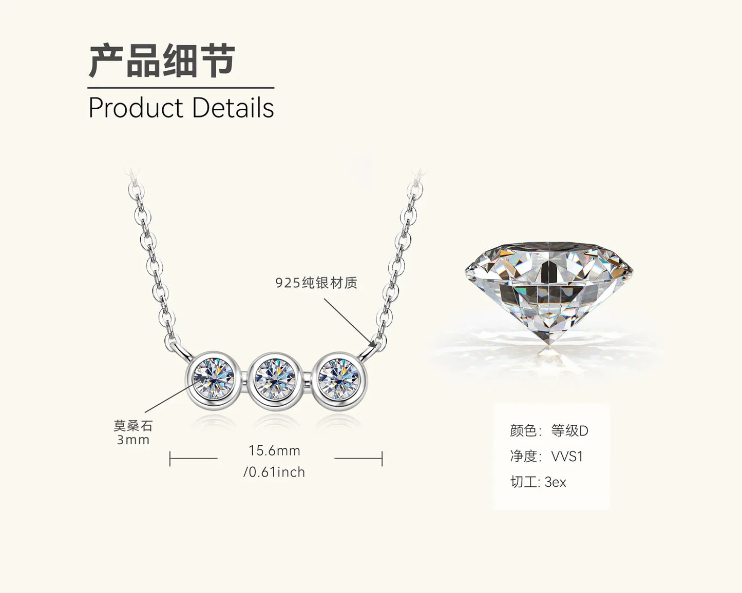 Three-Stone Moissanite Pendant Necklace - JIMMY JEWELRY 01