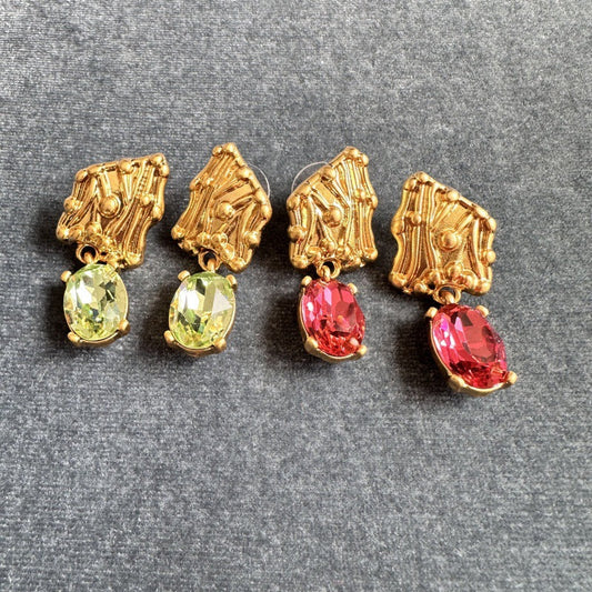 Gold-tone crystal drop earrings with oval green and red stones