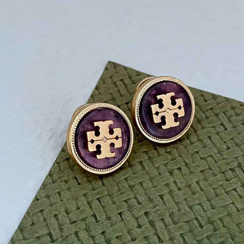 欧美时尚轻奢通勤小众ins天然贝壳镶嵌圆形金属耳钉 耳饰