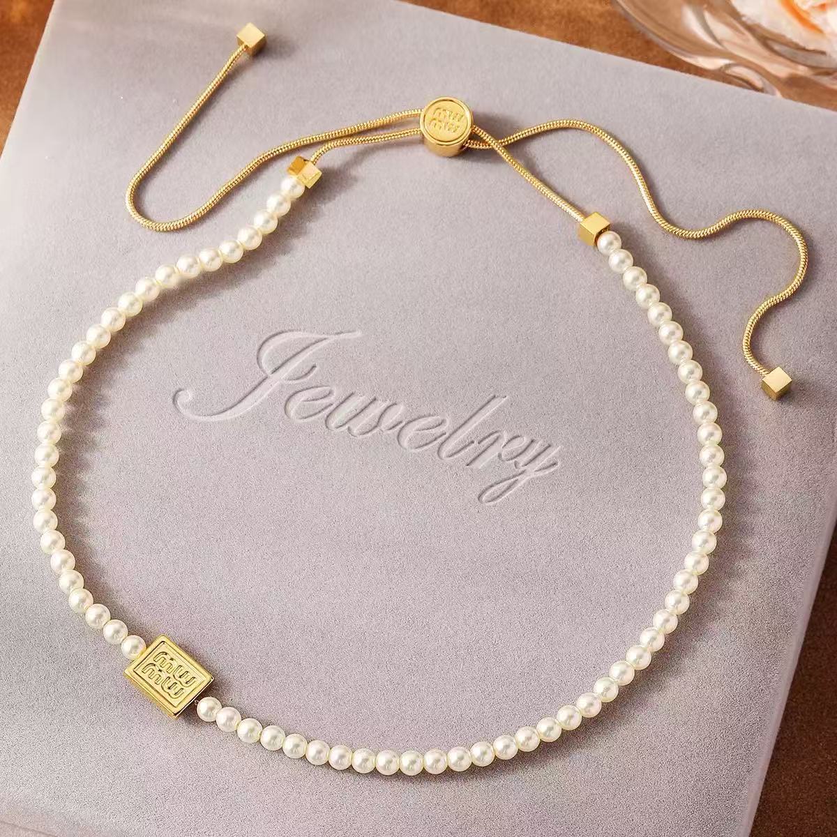 Miu Miu Pearl Necklace | Gold Logo Tag & Adjustable Drawstring