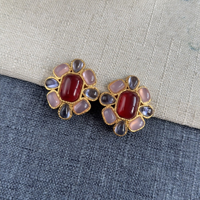 Irregular crystal earrings with red center and pink and dark gray faceted stones