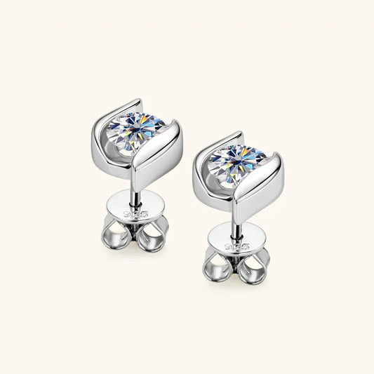 Silver swirl stud earrings with round moissanite-style stones, push-back posts