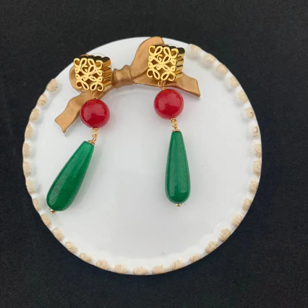 Vintage tassel teardrop agate earrings with gold caps, red round beads, green teardrop dangles