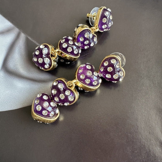 Oscar de la Renta heart drop earrings, purple enamel hearts with gold-tone frames and rhinestones